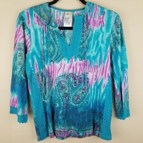 Forbidden Blue Pink Paisley Top with Hood Cotton L - Picture 3 of 7